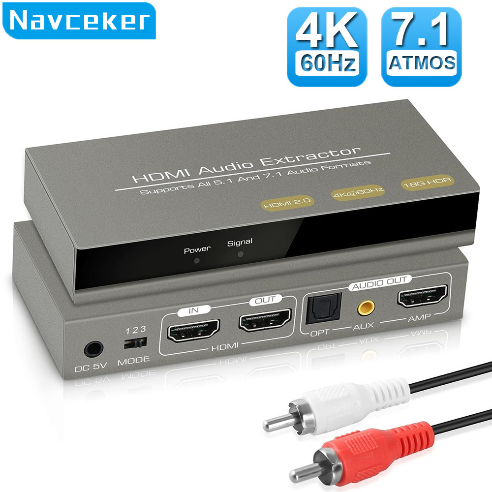 Navceker HDMI-compatible Audio Extractor 4K 60Hz HDMI to HDMI Optical TOSLINK SPDIF + 3.5mm Stereo E