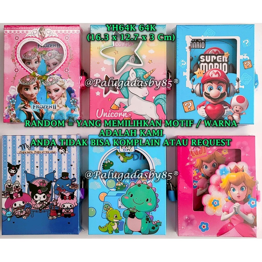 

(1 Biji) GROSIR Diary Kunci Karakter 64K TIDAK BISA PILIH MOTIF 16.3 x 12.7 x 3 Cm 50-55 Lembar / Diary Kunci GXIMP 64K YH64K-B