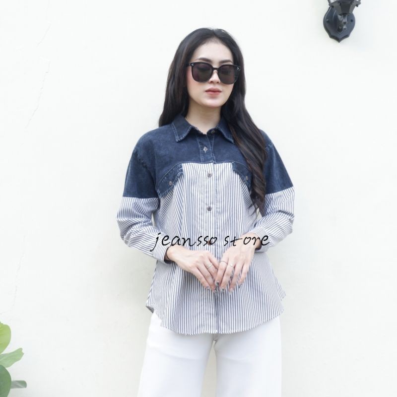 kemeja tunik jeans  kombinasi sofjins blouse wanita kekinian ld 110