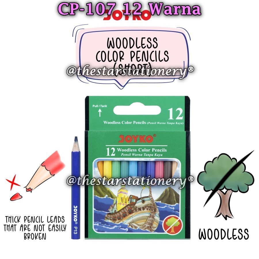 

(1 Set Isi 12 Warna) GROSIR Pensil Warna Joyko CP-107 12 Warna Pendek Woodless / Woodless Color Pencils Joyko CP107 / Joyko CP 107