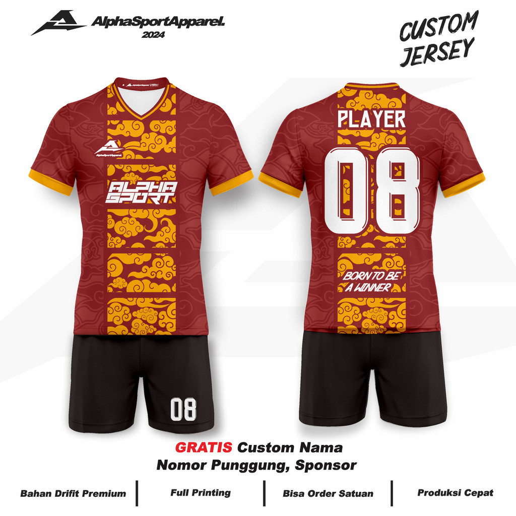 Jersey  Bola Futsal Voli Badminton 241 Motif Batik Mega Mendung Merah Gratis Custom Logo Nama Nomor 