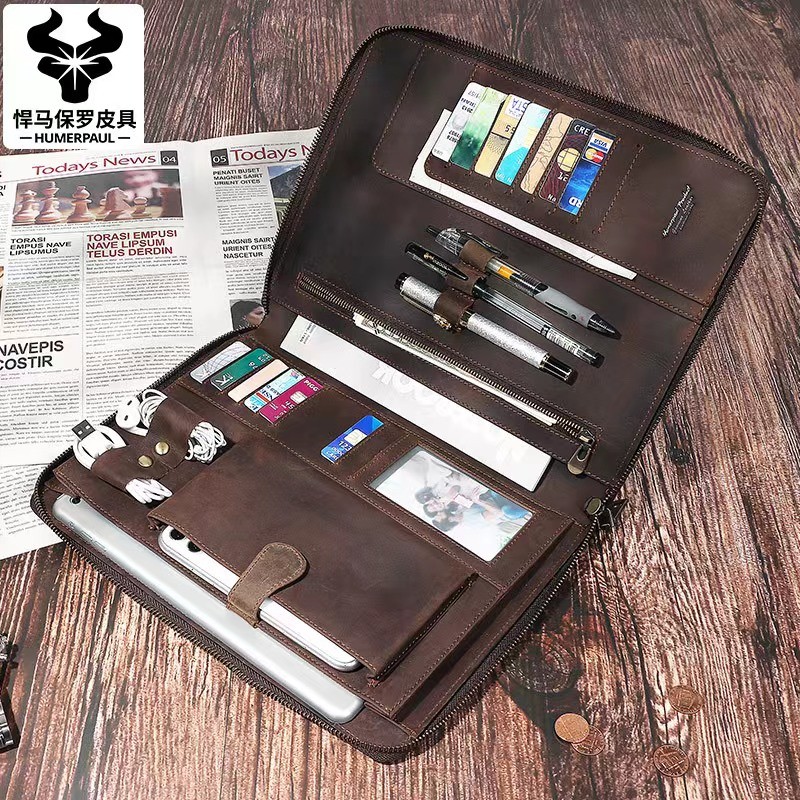 

Leather Men 9.7in Bag Business Portfolio Case For Multifunctional Clutch with Pencil Holder Portable Quality Briefcase