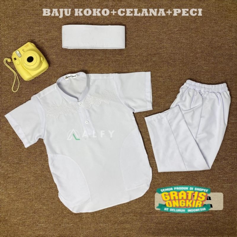 KOKO ANAK PUTIH BORDIR KOKO ANAK SETELAN KOKO ANAK MANASIK HAJI USIA 3-12 TAHUN LENGAN PENDEK/ TK SD