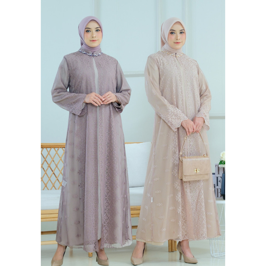 Gamis long Dress Muslim Brukat Detail Payet By Brilliant Girl - Ungu Mix Coklat, XXL