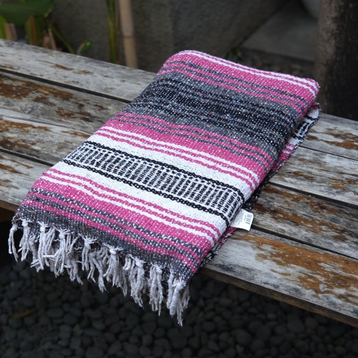 Mexican Blanket Serape Pink White Grey Stripes Handmade in Mexico