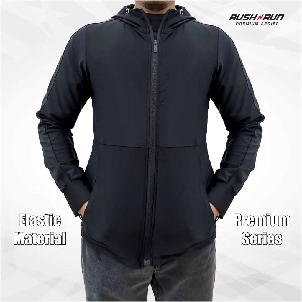 Rush n Run Jaket Olahraga Pria Jacket Gym Lari Running Hitam Polos