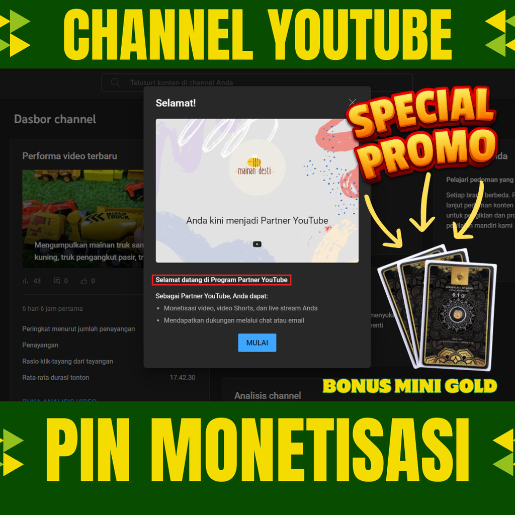 CHANNEL YOUTUBE MONETIASI SUDAH PIN AKUN YT TERIMA BERES