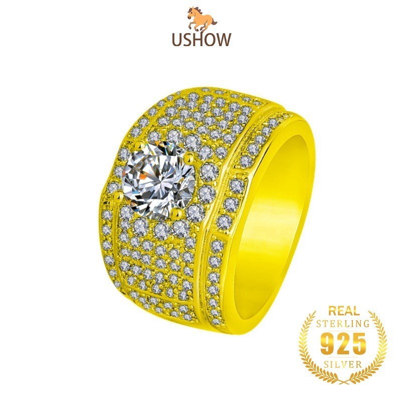 USHOW Cincin Emas 18K 5A Zirkon Pria Cincin Mewah 925 Perak