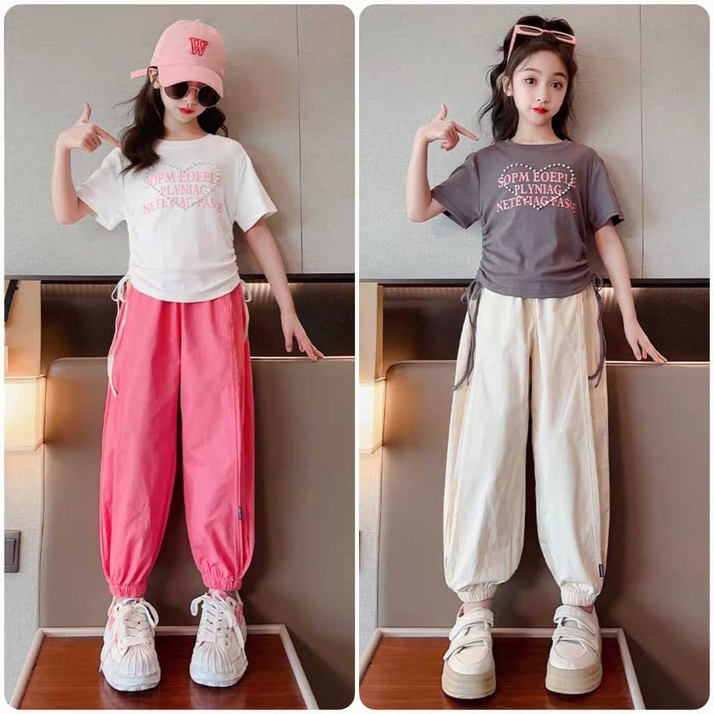 KD42 Setelan Set Anak Besar Teenager Remaja Crop Top Love Celana Jogger Cargo
