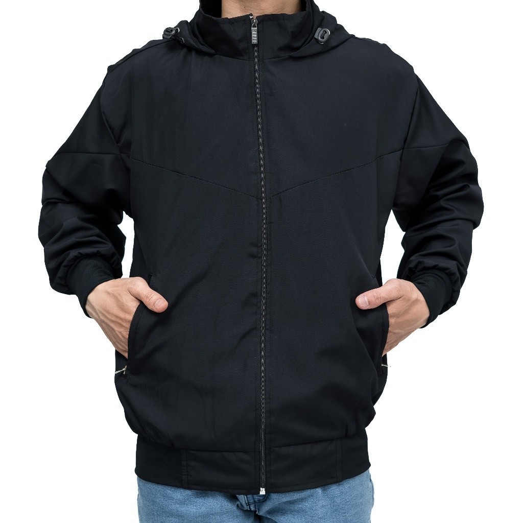 GO SHOPPING - Jaket Parasut Olahraga Polos Hitam | Jacket Lari Running Pria/Wanita