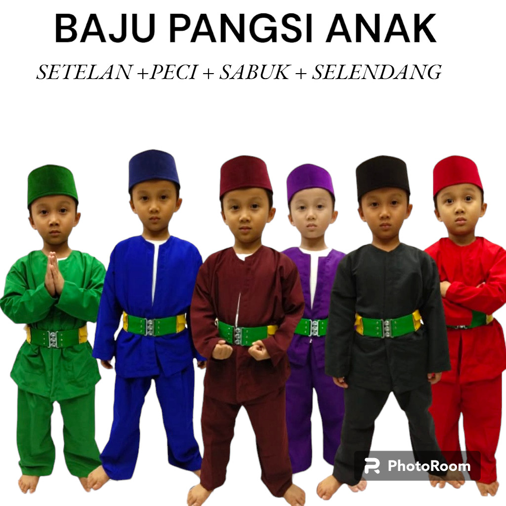Baju Pangsi Betawi Anak Komplit ( SETELAN SABUK PECI SELENDANG )Baju Pangsi Anak Laki Laki Baju Adat