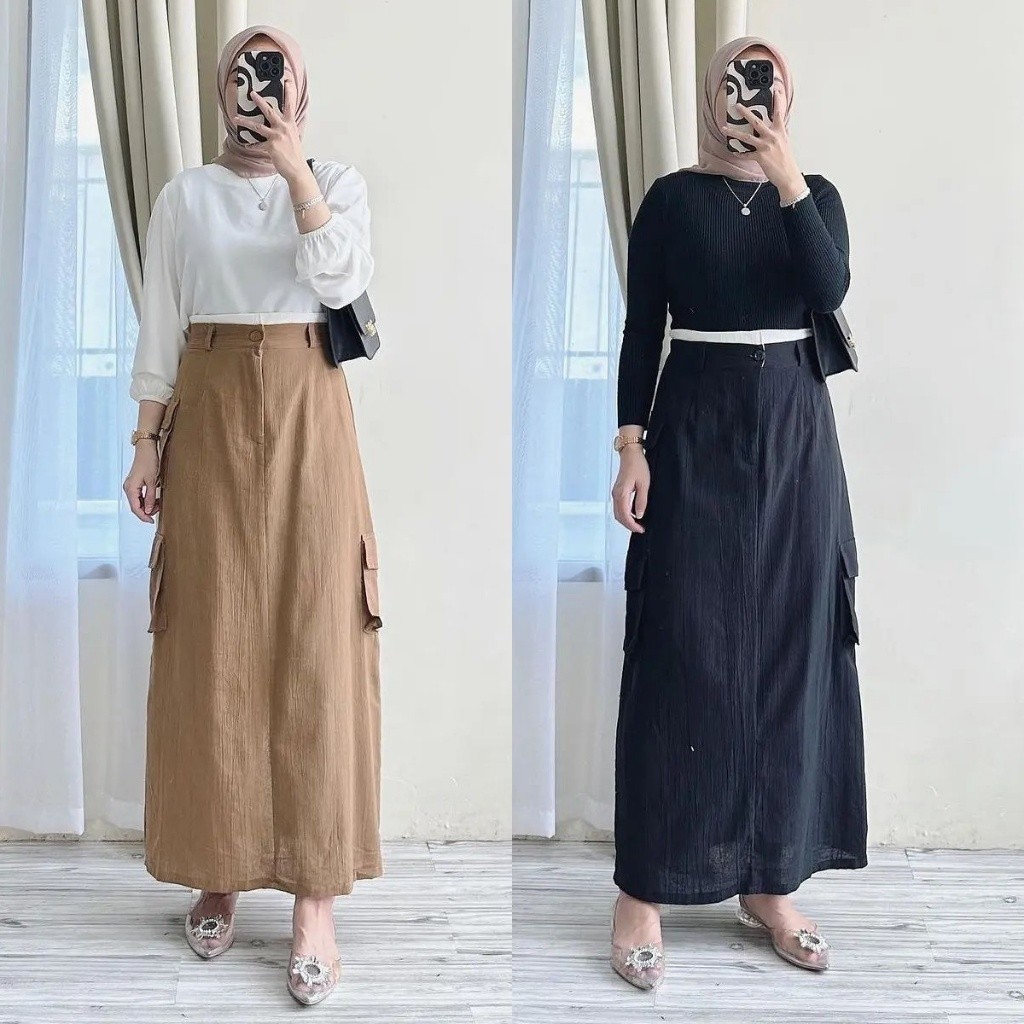 Vamel Span Skirt - Rok Span Kargo - Rok Cargo Muslimah  Bahan Linen Crinckle Terbaru Kekinian Korean