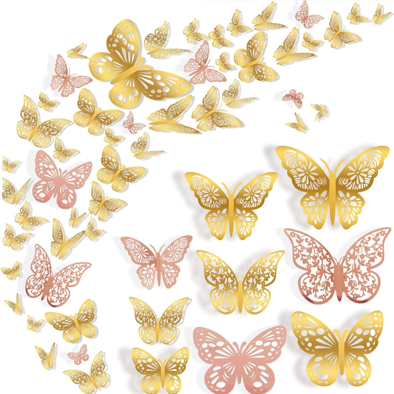 12pcs Hiasan Kupu-Kupu Warna Gold Emas / Dekorasi Kue Ulang Tahun Butterfly / Hiasan Dinding / Dekor
