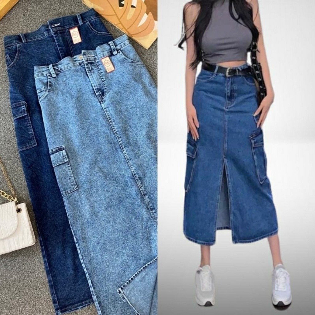 DC - Slavina  Rok Jeans Cargo Span Skirt Wanita Remaja Kekinian Terbaru Simple Outfit Korean Style