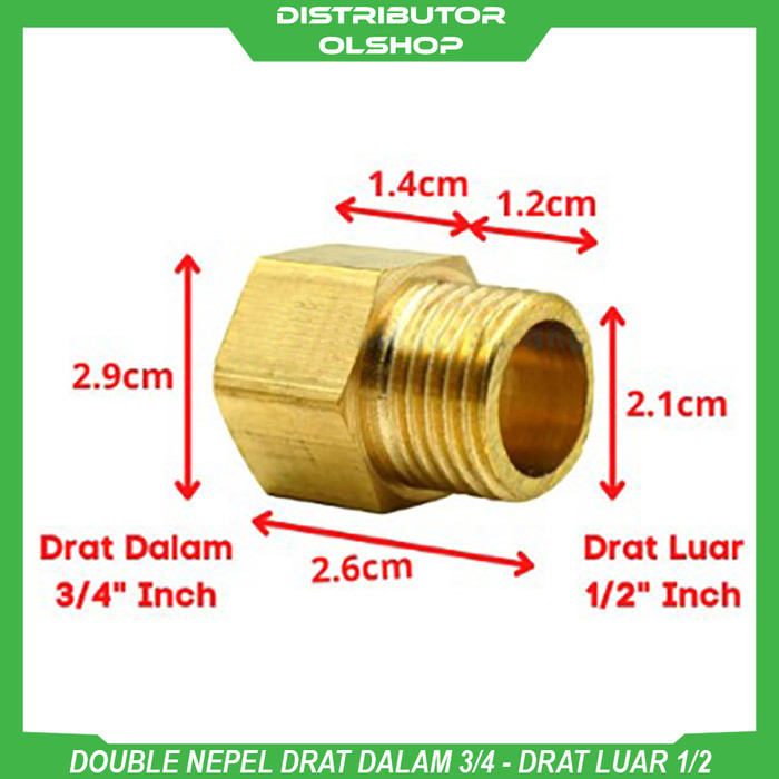 Adaptor Konverter Double Nipple Dobel Nepel 3/4 Inch x 1/2 Inch Drat Luar Dalam Kuningan