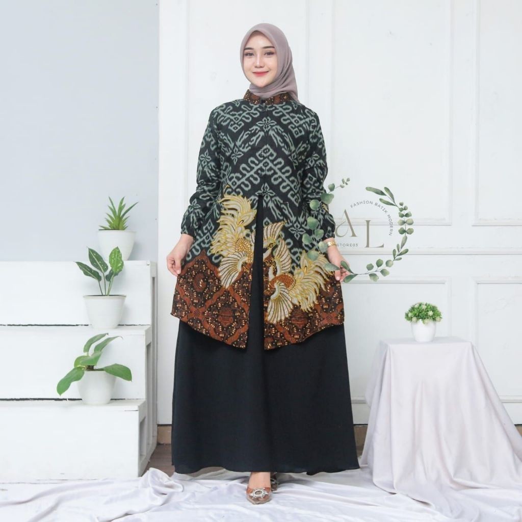 Alleastore03 Gamis Batik Motif Songket 02, Dress Muslim, Gamis Batik Kombinasi Crincle, Gamis Batik 