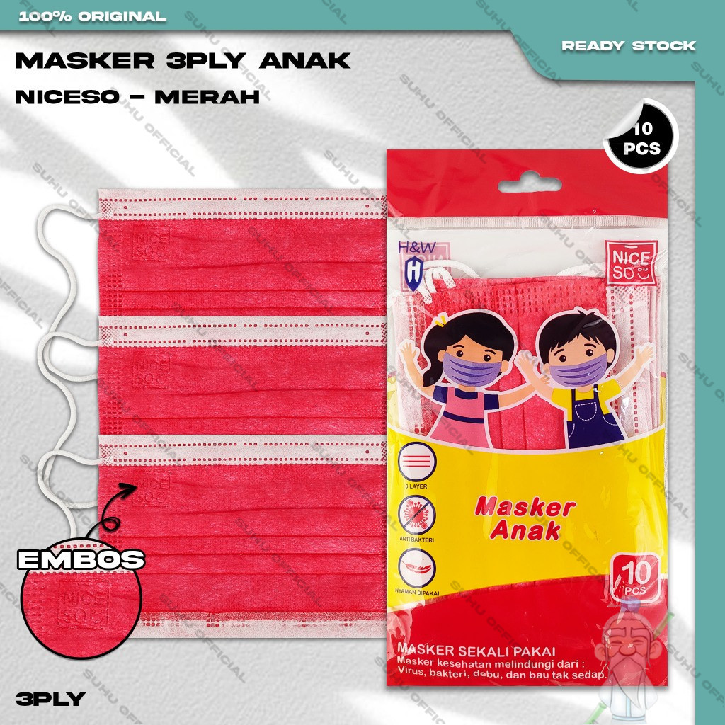 Masker Anak Medis 3Ply NICESO Isi 10Pcs Warna Merah Red 3 Ply Earloop Surgical Mask Kemenkes
