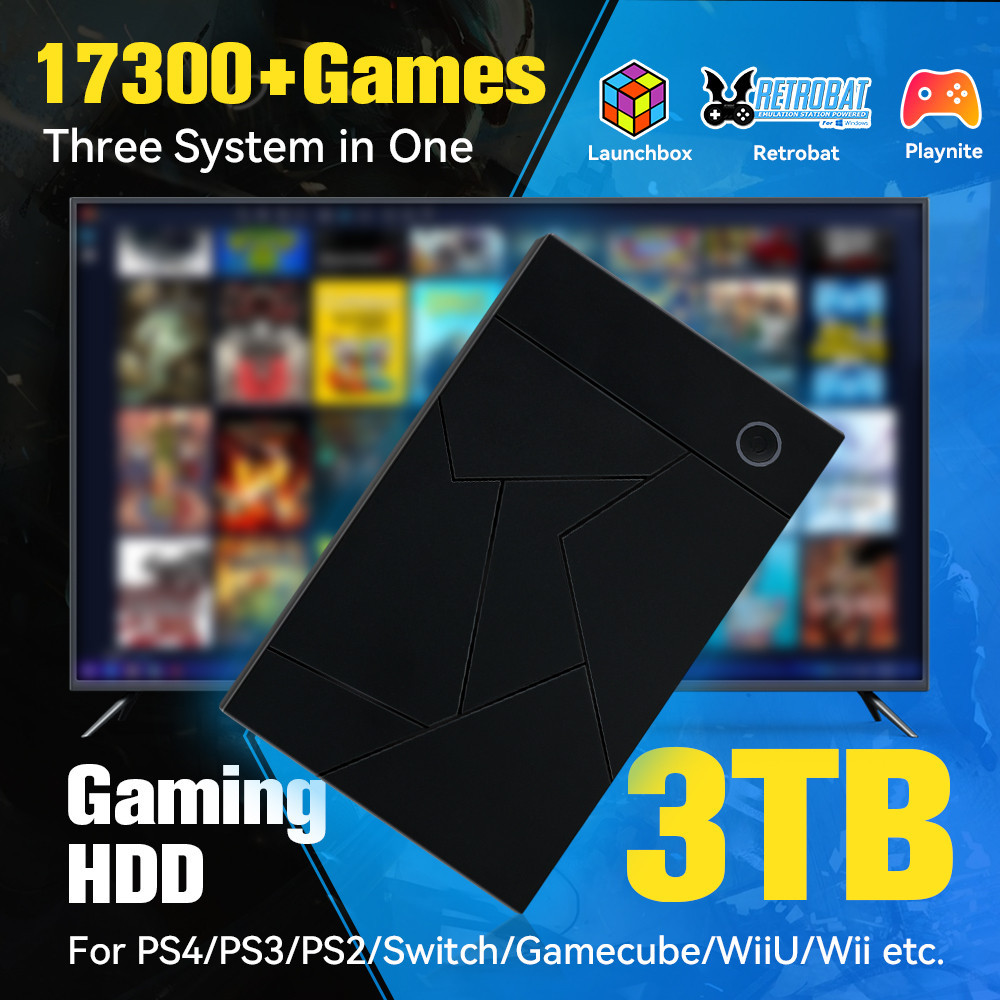 3TB Portable Gaming HDD LaunchBox/Retrobat/Playnite Retro Game Console with 17300+ AAA/3D/Retro Game