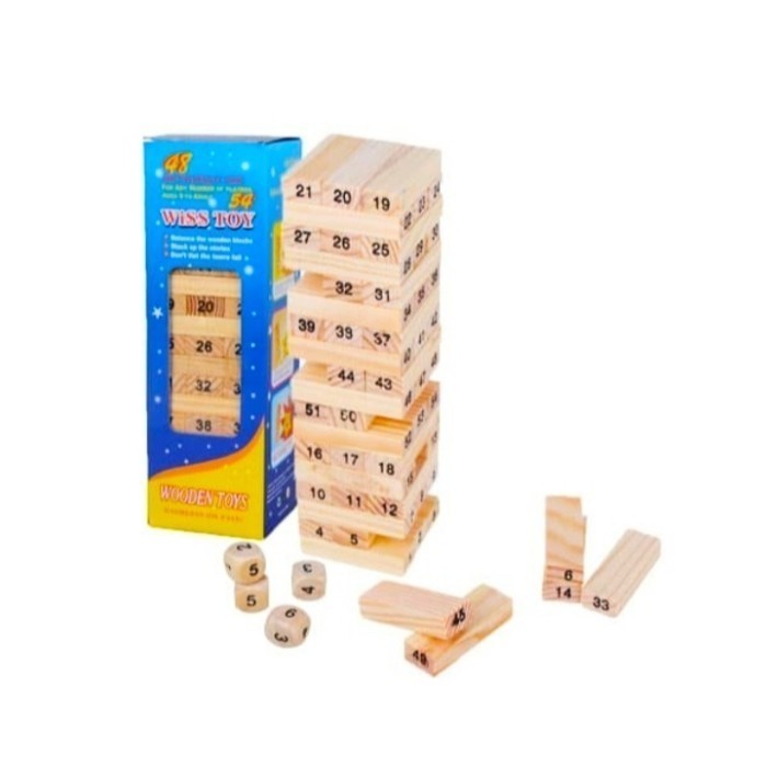 Mainan Menara Kayu Stacko 54 Angka Balok 4 Dadu Versi Besar