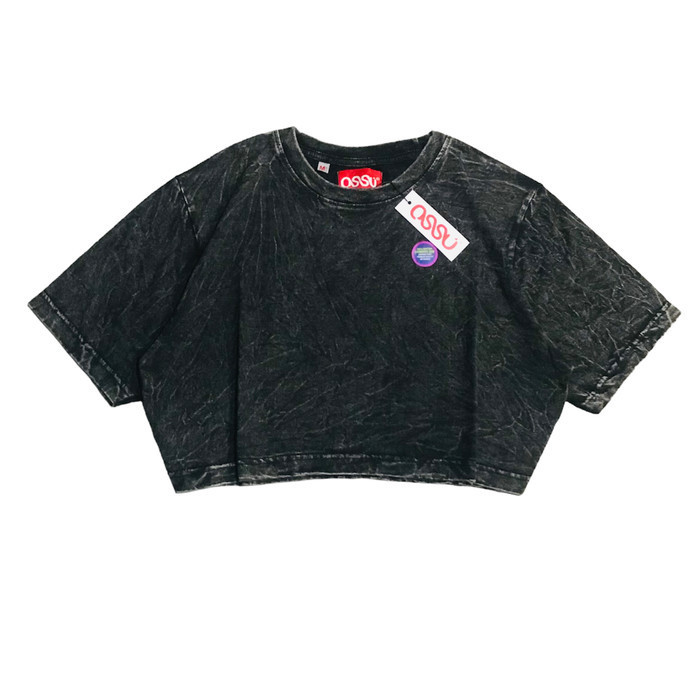 Ossu Official Crop Tshirt basic wash | Kaos Crop Top Polos Wash - Black Washed, M
