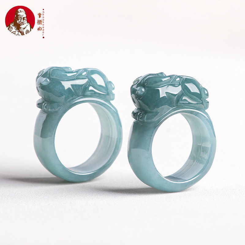 [Dengan sertiflkat  identiflkasi] Natural Sebuah jadeite, air biru cincin giok jari Pixiu, cincin pr