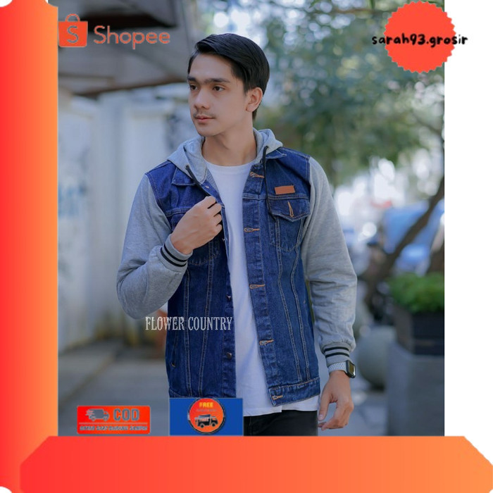 ✨BESTSELLER✨ -COD JAKET JEANS DENIM HOODIE KOMBINASI PRIA / JAKET HODIE ARIEL MURAH - BLUEBLACK HITA