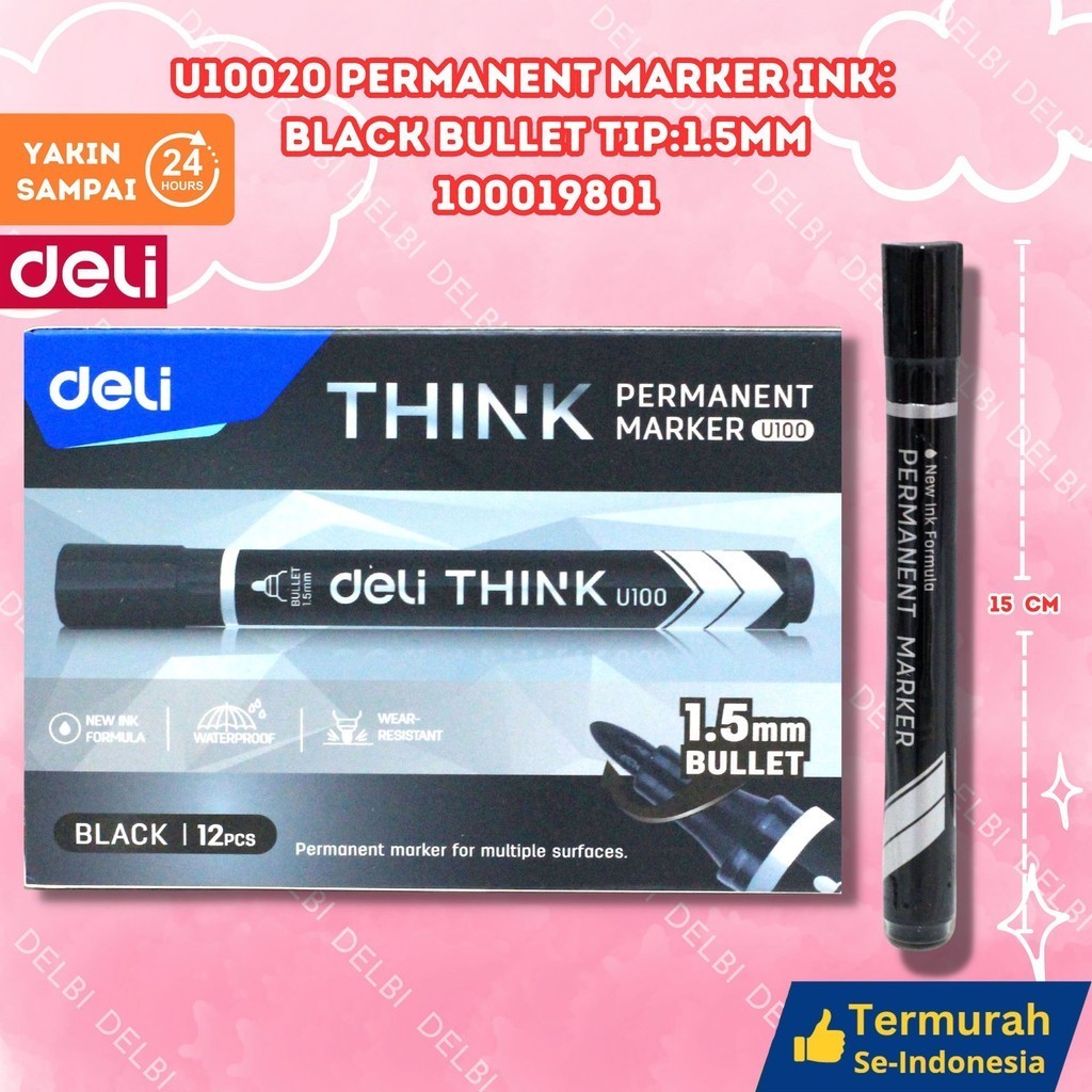 

Deli | Spidol Permanen (Permanent Marker) | U10020 Permanent Marker Ink Black Bullet tip1.5mm