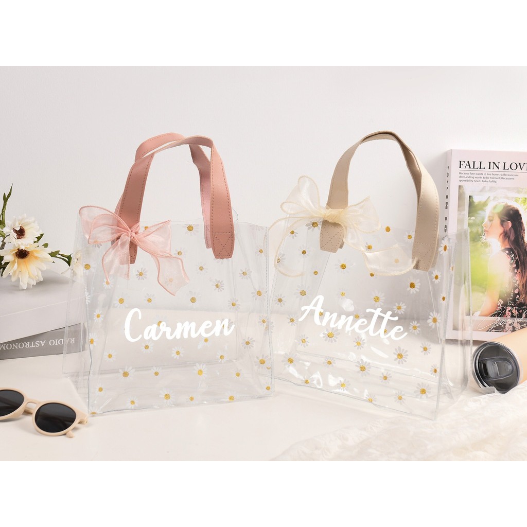 Personalized Transparent Gift Bag with Ribbon Flower Girl Proposal Gift Bag Daisy Plastic Tote Bag C