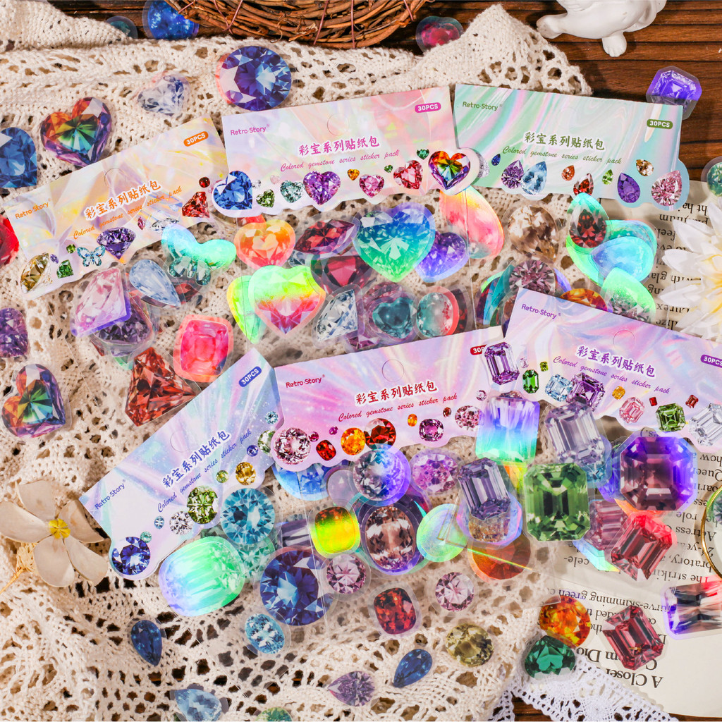 

30 pcs INS Cartoon Gemstone Sticker Pack Scrapbooking Material DIY Decorative Diary Album Aesthetic Stationery Labels Stickers