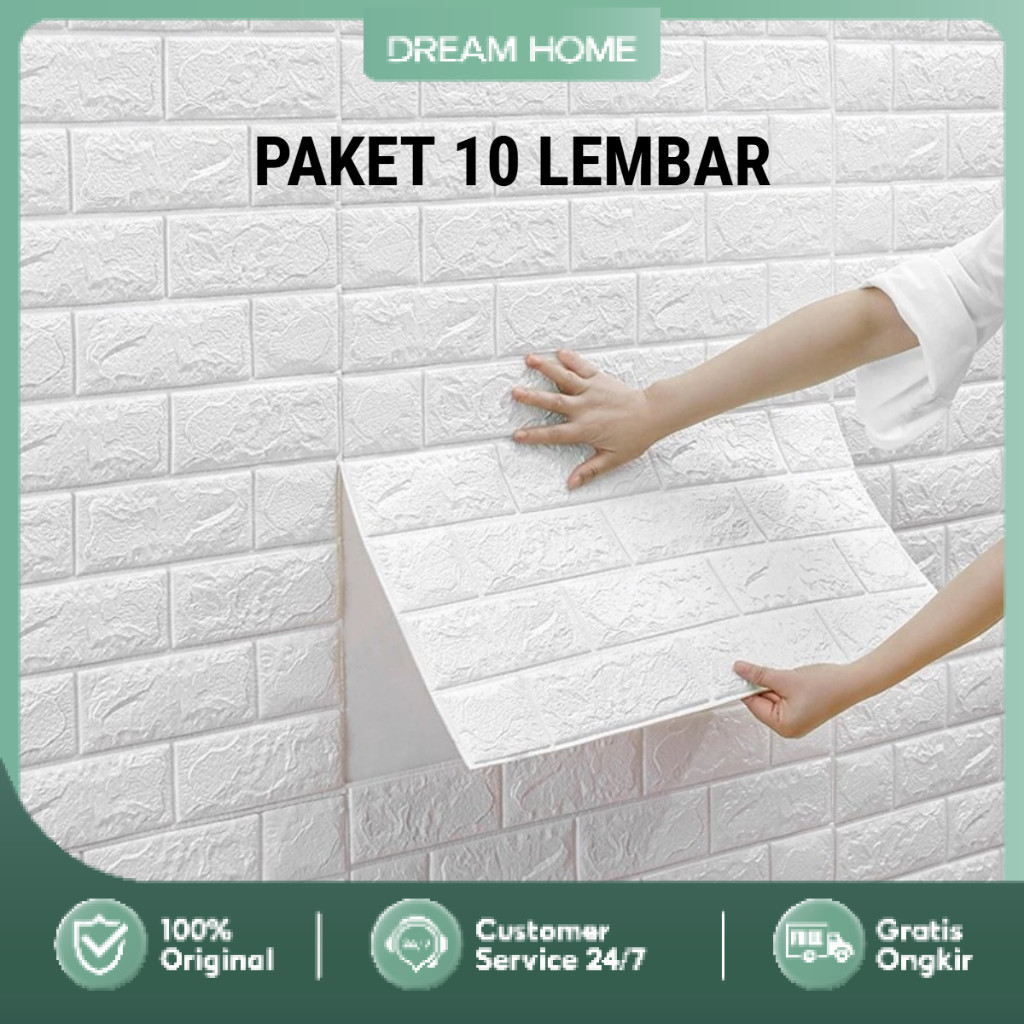 promo PAKET 10 LEMBAR Wallpaper Tembok Dinding 3D Model Batu Bata Putih Walpaper Brickfoam Bata