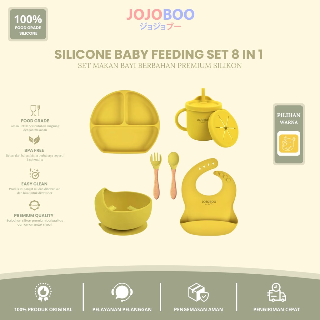 JOJOBOO - 8 in 1 Peralatan Makan Bayi Honey Yellow Set Silicon Suction FoodGrade Baby Feeding