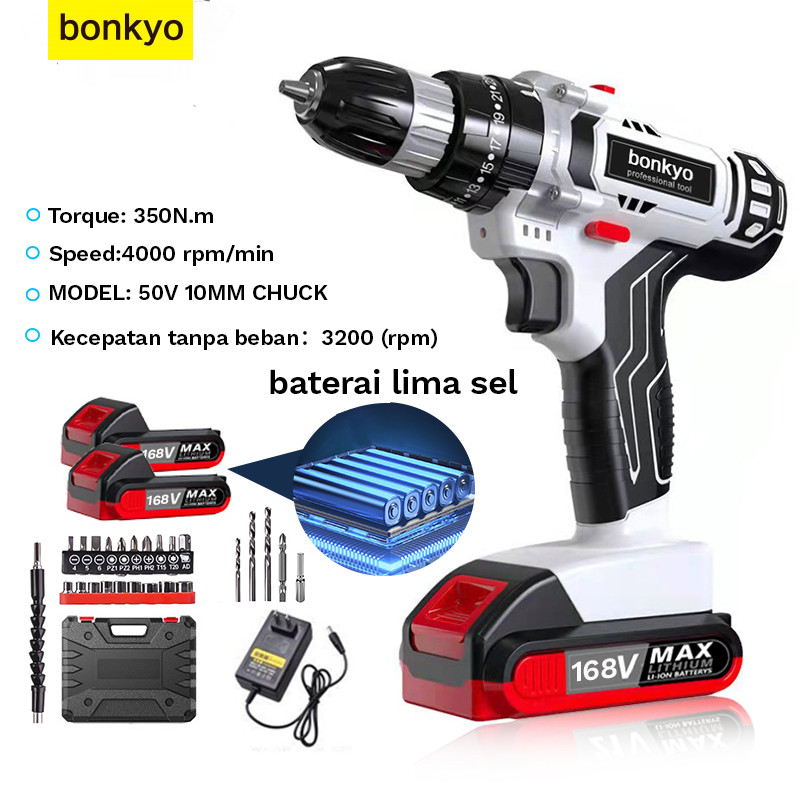Bonkyo 168VF Mesin Bor Impact Drill / Bor baterai /Bor Listrik/Beton Besi Kayu Full  Set Pilihan Bor