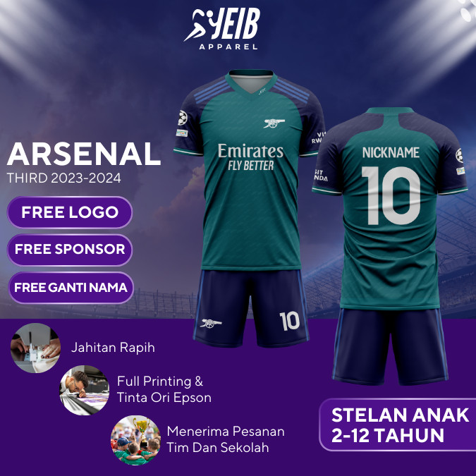 JERSEY BOLA ANAK ARSENAL 3RD 2023 2024 LIGA UEFA FULL PRINTING GRATIS CUSTOM NAMA,LOGO,SPONSOR