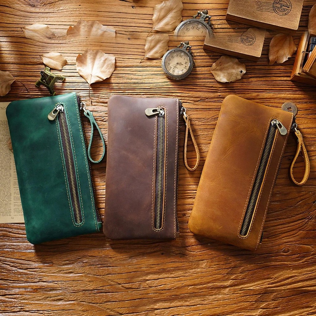 

Vintage Zipper Pencil Bag, Soft Leather Organizer Pen Holder Case, Portable Writing Stationery Pouch For Business Travel Office
