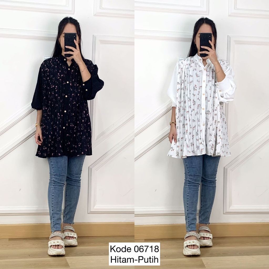 ATASAN BLOUSE CRINKLE PLEADS OVERSIZE MOTIF ROSE FLOWER VARIASI KERAH SANGHAI MIX BUTTON PEARL GOLD 