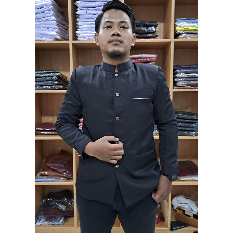 JAS KO PRIA DEWASA JAS KOKO BAJU MUSLIM LAKI-LAKI JASKO MANDARIN WARNA HITAM FULL FURING