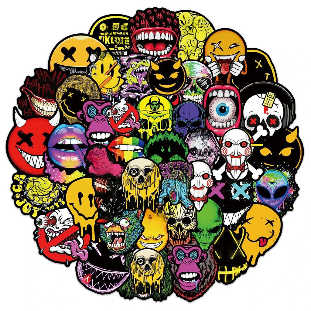 

STIKER TENGKORAK PAKETAN ISI 50PCS SIZE 5-6 CM Untuk Hp Skateboard Guitar Laptop Motor Dan Mobil