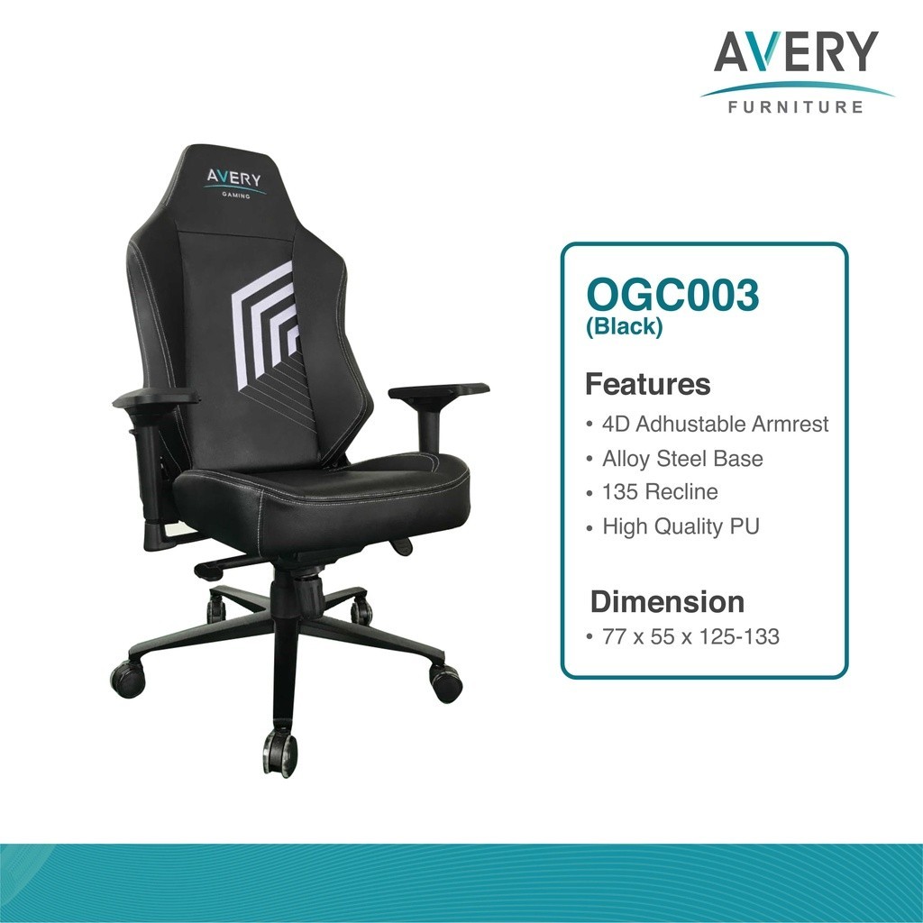 Avery - OGC003 - Kursi Gaming STEEL Premium Quality Back Support Black
