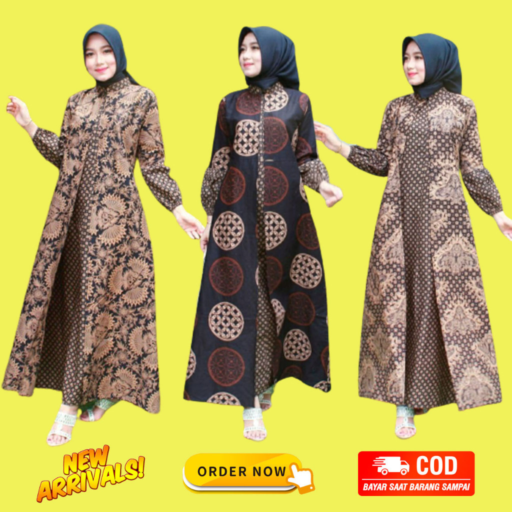 Baju Gamis Batik Wanita Modern Kombinasi Polos Pekalongan Jumbo Lebaran Terbaru Promo Idul Adha