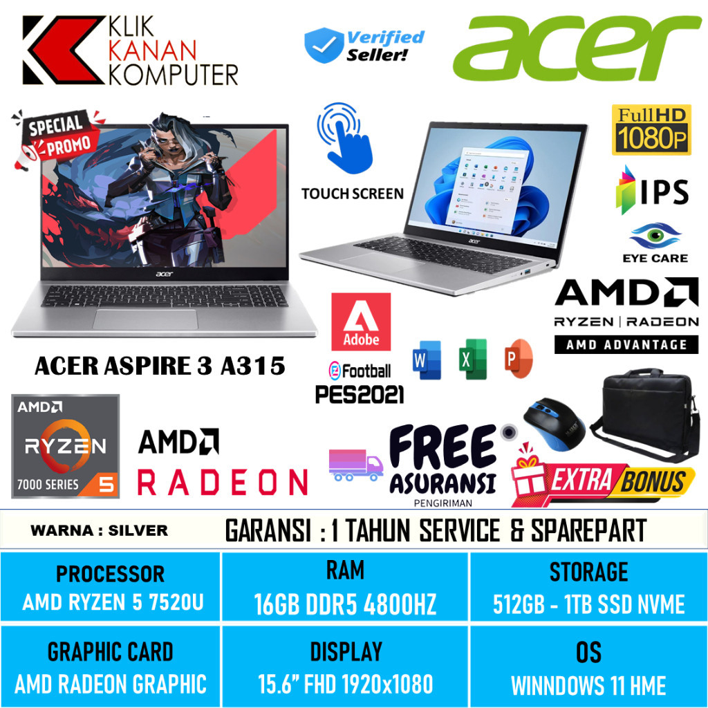 LAPTOP ACER ASPIRE 3 SLIM A315 AMD RYZEN 5 7520U 16GB DDR5 1TBGB RADEON 610M WIN11 HOME SILVER TERLARIS