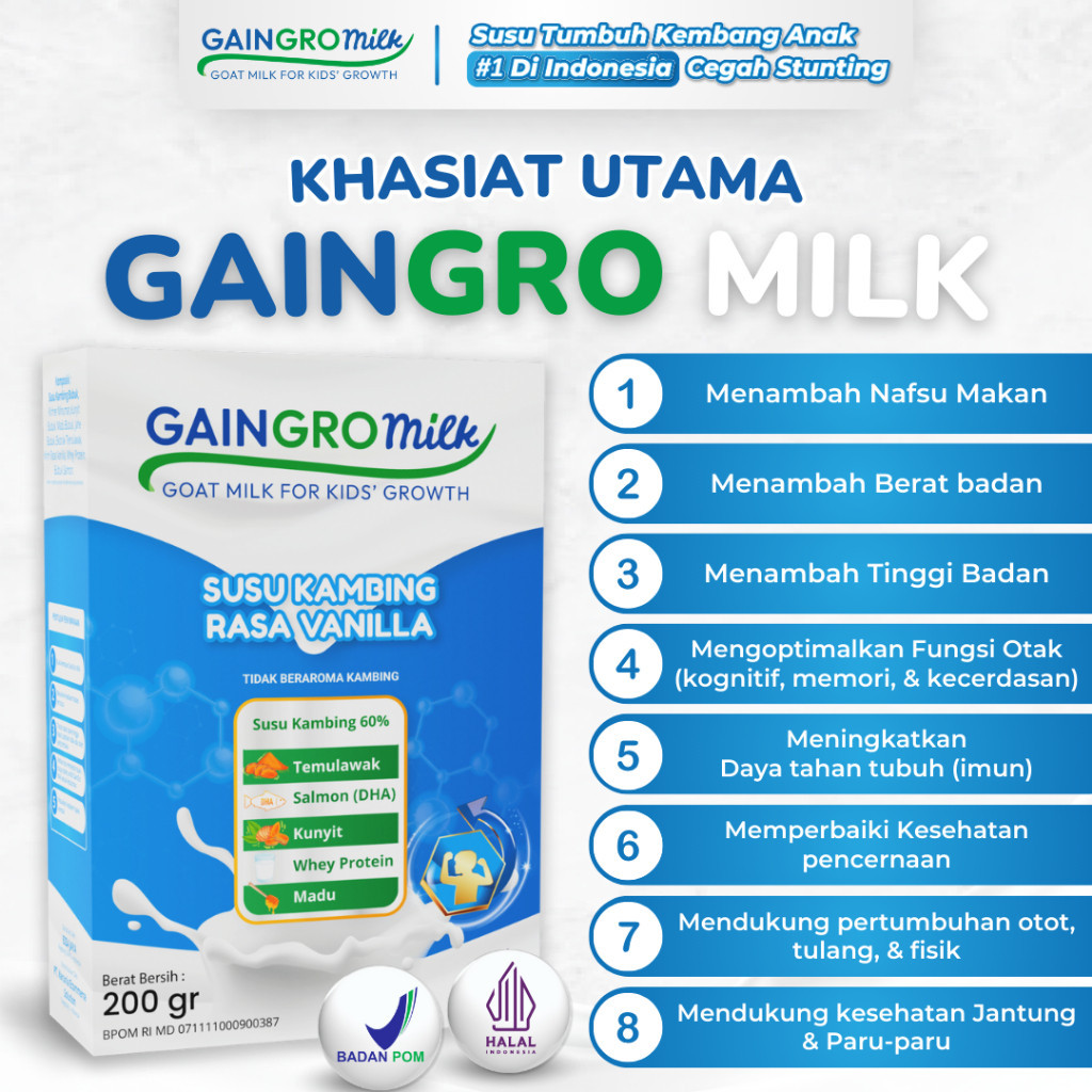 

PAKET 2 BOX RASA VANILLA Susu Kambing untuk Kecerdasan & Perkembangan Anak - GainGro Milk Indonesia