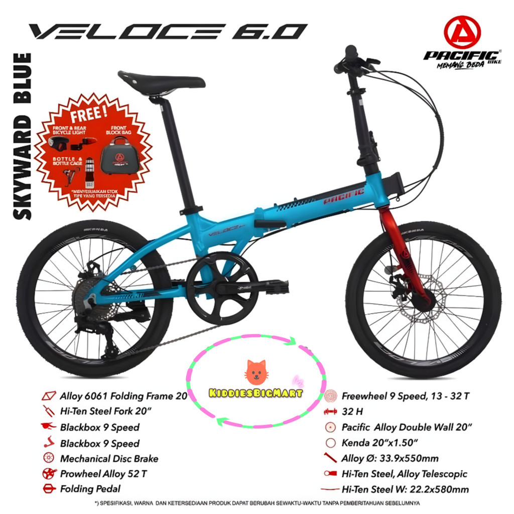 Pacific VELOCE 6.0 Sepeda Lipat 20 Inch Folding Bike Gratis Dan Botol Lampu Tas