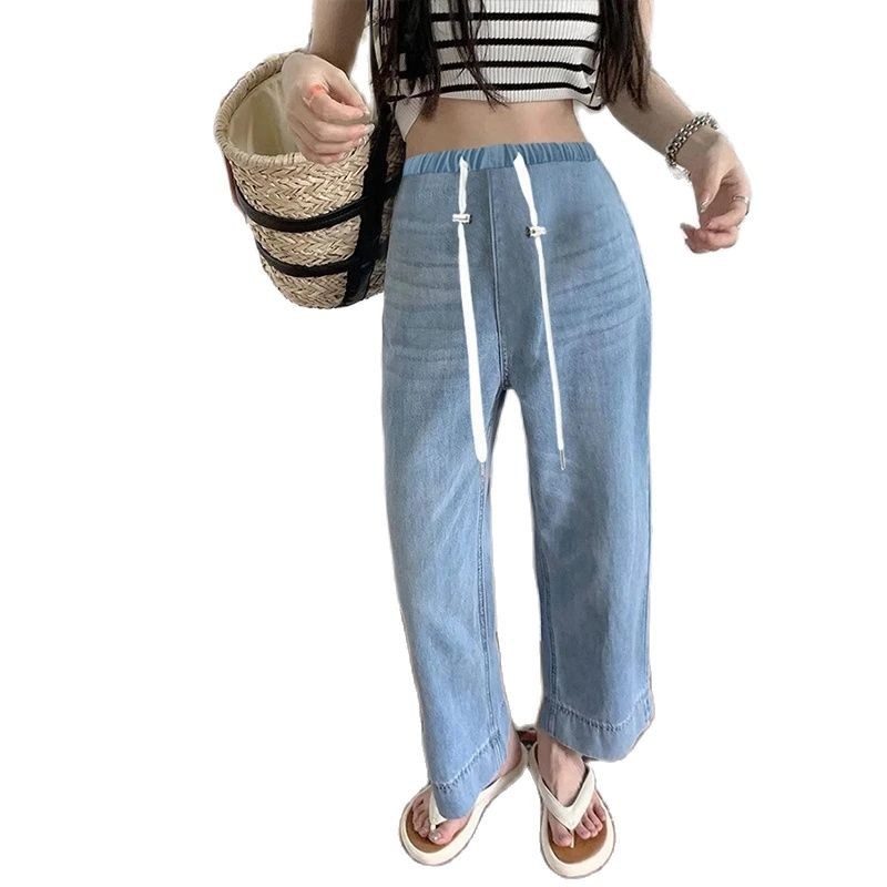 Celana panjang crop Denim lurus wanita hamil, celana jins pinggang longgar kasual kaki lebar untuk m
