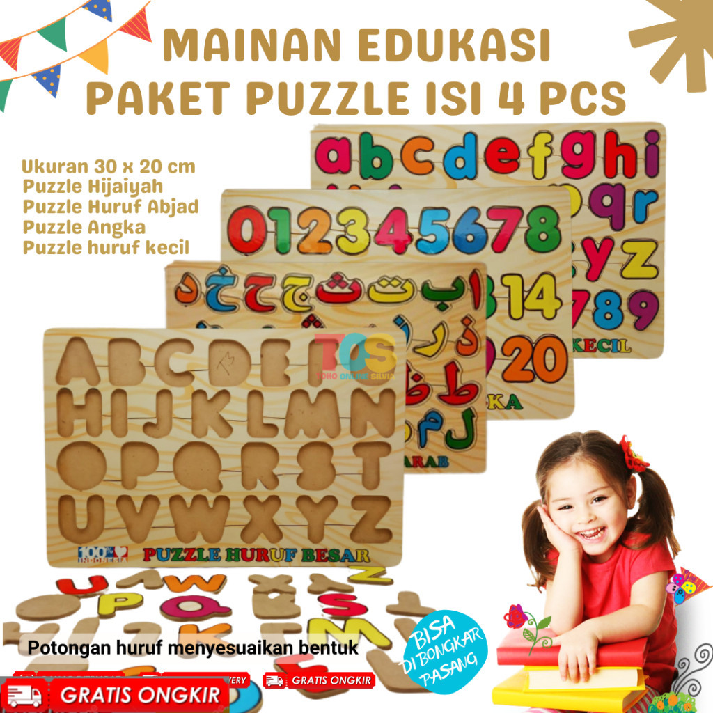 Paket 4 Puzzel Mainan Anak Puzzle Kayu Angka Hijaiyah Huruf Hewan Edukasi