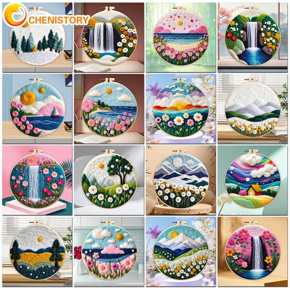 

CHENISTORY 20x20cm Frame With Wool Felting Painting Kit Landscape Funny Diy Felt Crafts Package Felt Needle For Home Decoration
