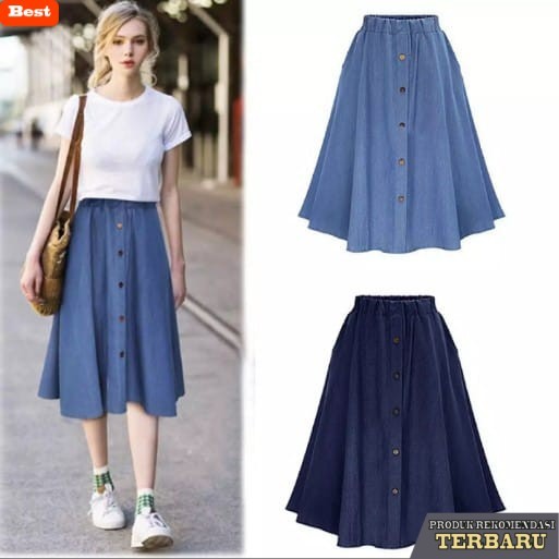 rok wanita kekinian ROK JEANS WANITA 3/4 /ROK JEANS PAYUNG PENDEK - Hitam, All Size