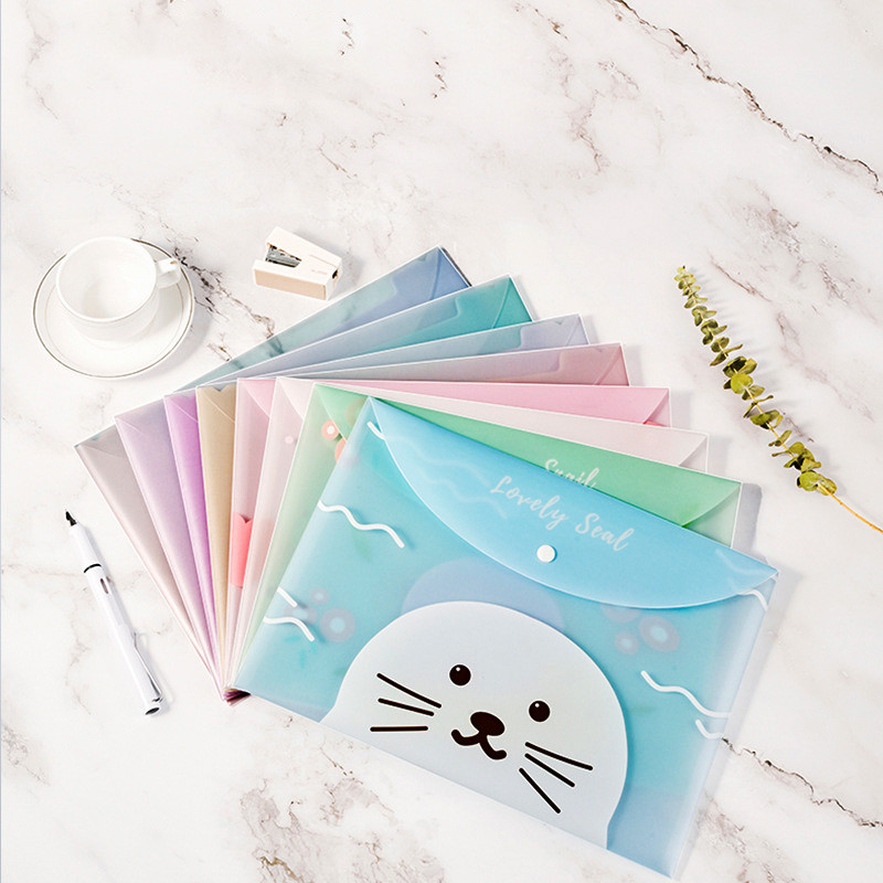 

4pcs File Bags For Document Cute Cartoon File Holder Snap Button PVC Folder Pen Box Office Information Bag Student Stationery