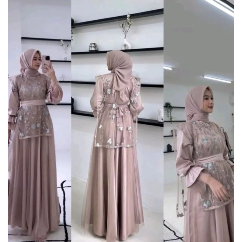 [PROMO JUMBO] Dress Brukat Felarie Set Gamis Brokat Tile Mewah Baju Kondangan Wanita Gamis Pesta Mew