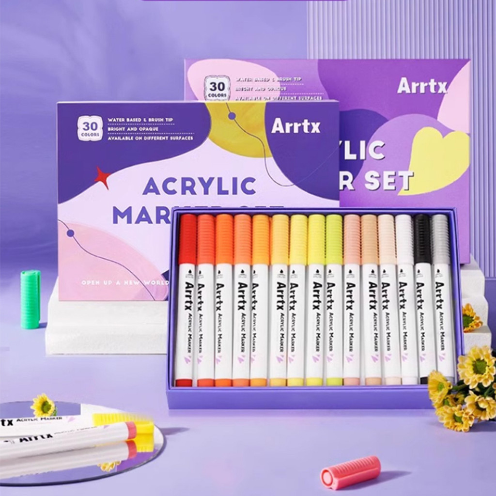 

Arrtx 30 60 Colors Acrylic Paint Brush Marker Coloring Drawing Cartoon Anime Comic - Brush Tip for Rock Painting Art Supplies