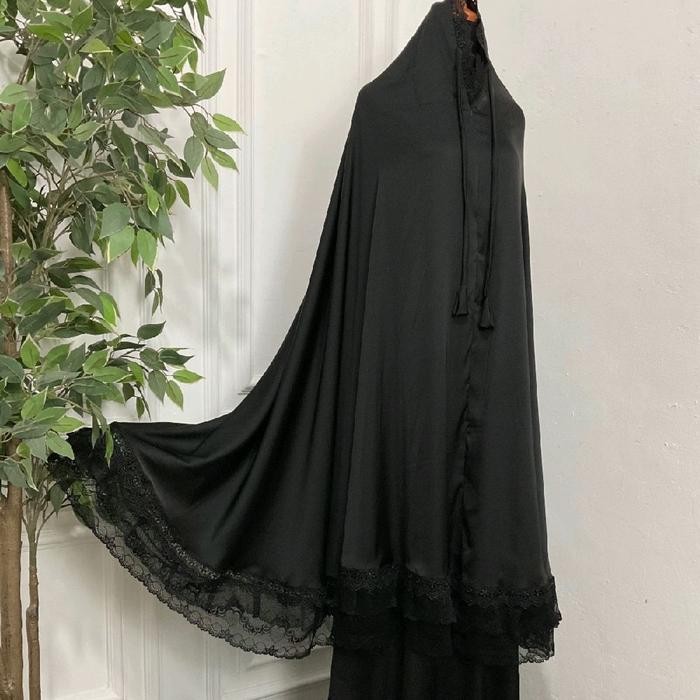 Mukena Ayesha silk mukena mewah renda rampel cantik mukenah dewasa jumbo - Ayesha Hitam 01